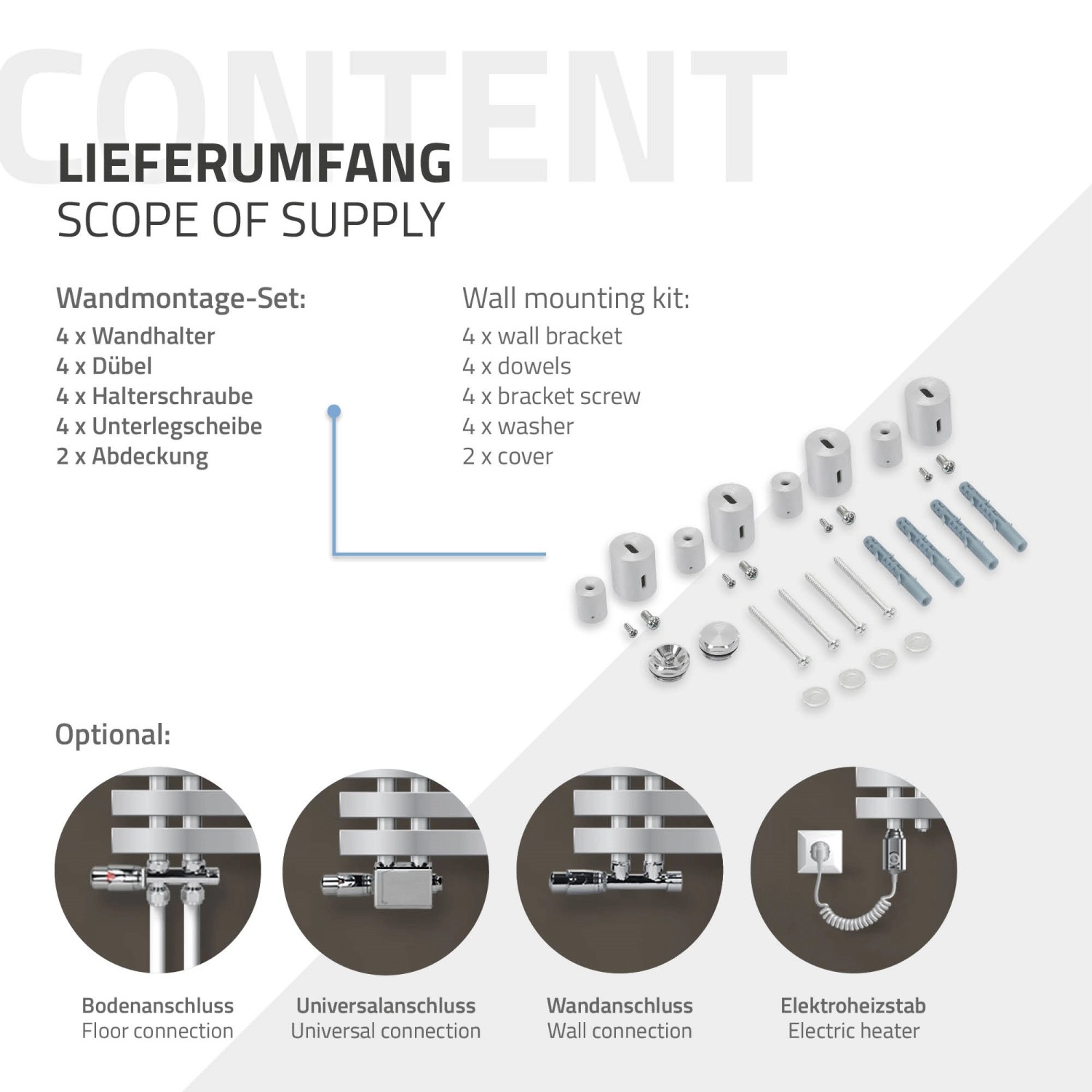 Lieferumfang ECD Germany Badheizkörper Chrom: Wandmontage-Set, optionale Anschlüsse.