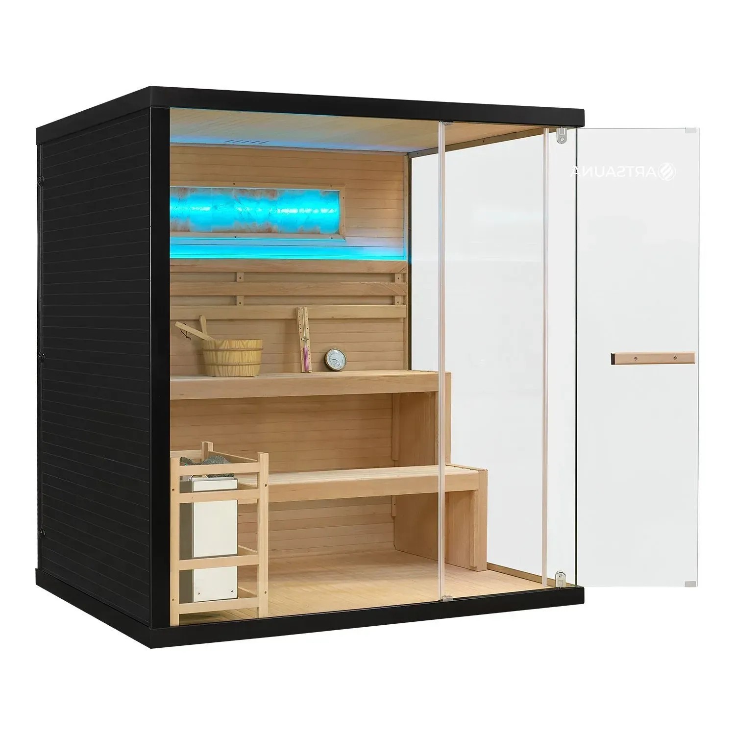 Artsauna Vantaa Sauna, 175x140cm, mit 8kW Ofen. Holzsauna mit Glasfront und Zubehör.