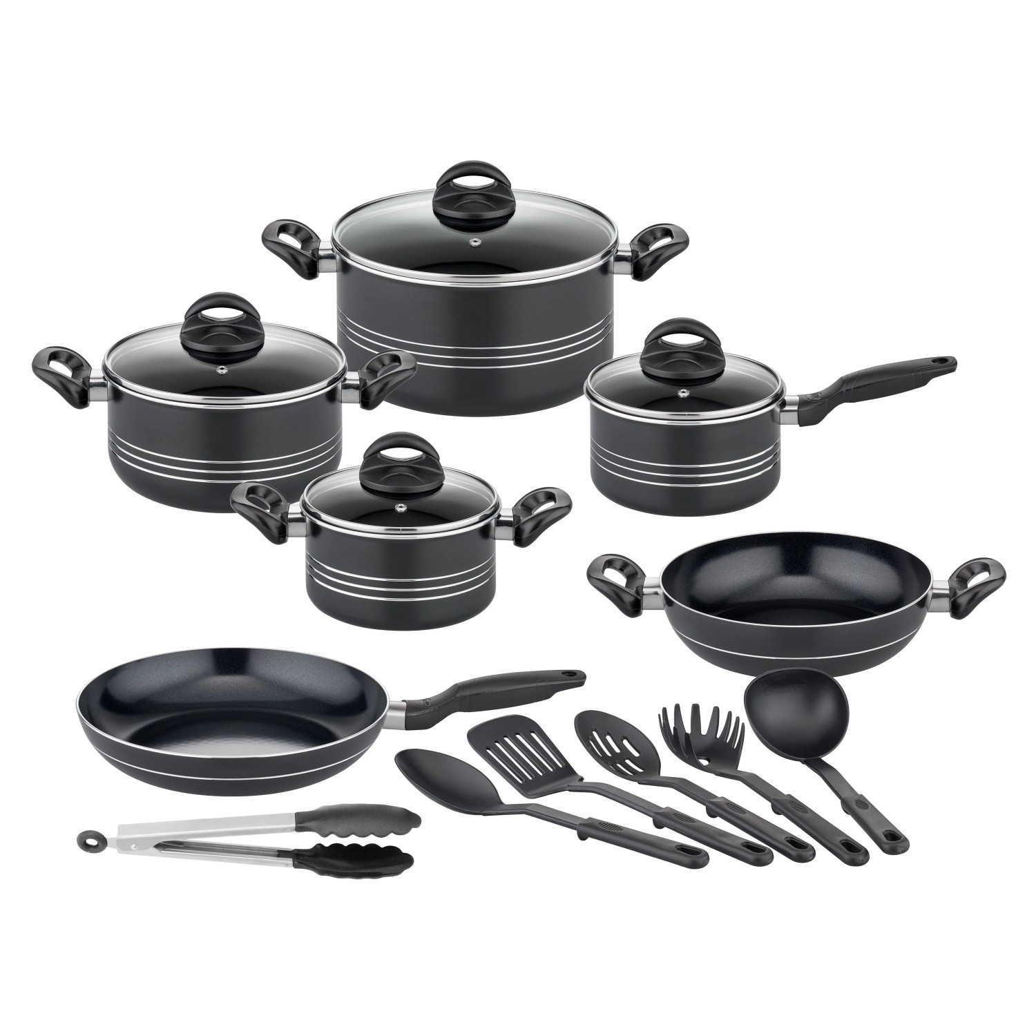 GSW Kochtopf Set Milano Nero, 16-teilig mit Töpfen, Pfannen und Küchenhelfern.