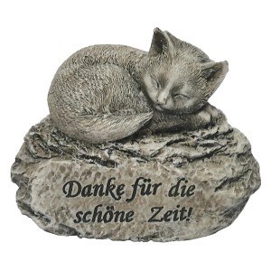 Flower Power Grabdeko: Schlafende Katze aus Kunststein mit Inschrift. Grabkerze für Hund und Katze.