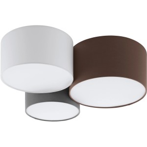 Eglo Deckenleuchte Pastore mit drei Lampenschirmen in Braun, Grau und Weiß.