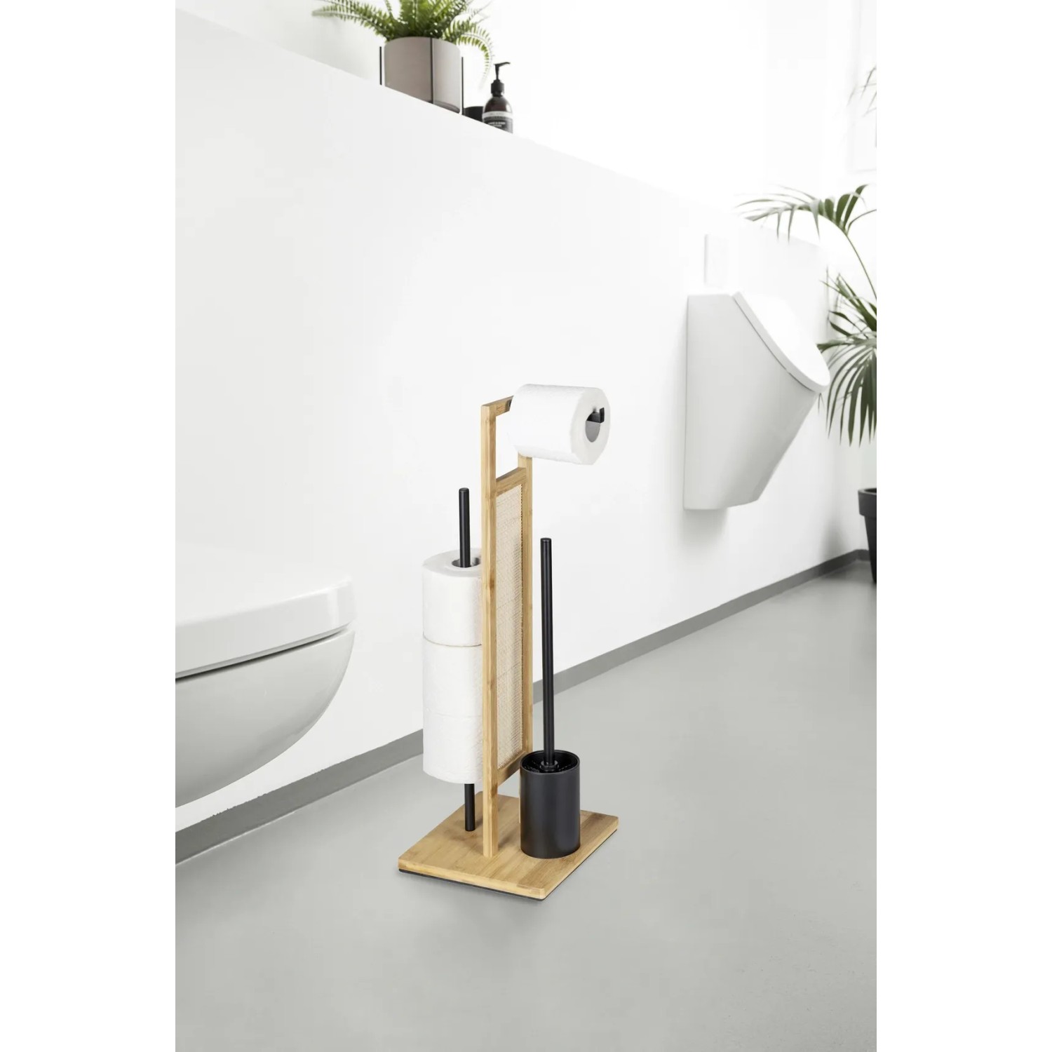 WENKO Stand WC-Garnitur Rivalta Allegre aus Rattan und Bambus mit WC-Bürste und Papierhalter.