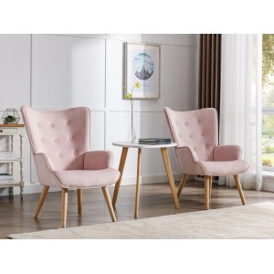 Rosa Samt Loungesessel Vately mit gerader, geknöpfter Rückenlehne und Holzbeinen im skandinavischen Design.