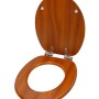 Sanilo WC-Sitz Mahagoni aus Holz, geöffnet. Stabiler Toilettendeckel mit Holzmaserung.