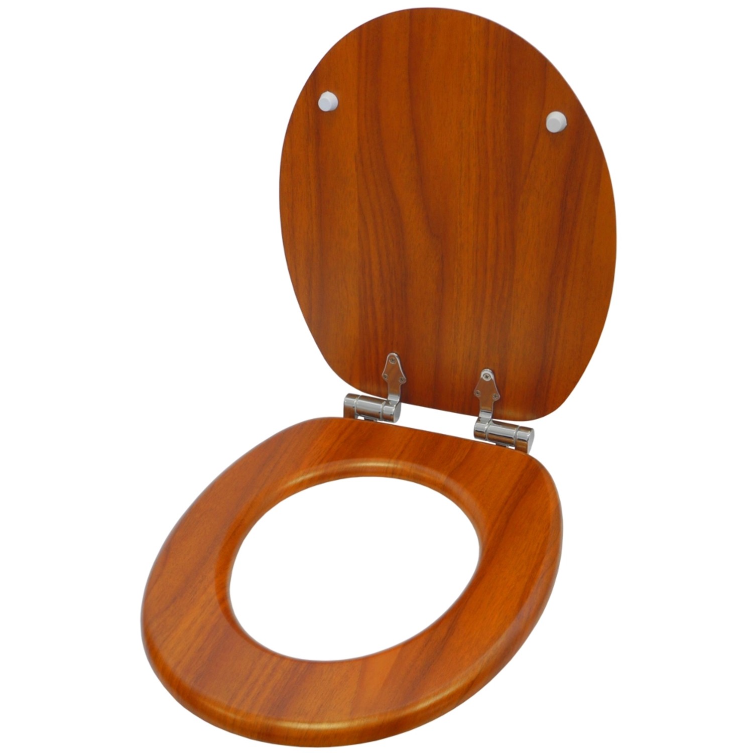Sanilo WC-Sitz Mahagoni aus Holz, geöffnet. Stabiler Toilettendeckel mit Holzmaserung.
