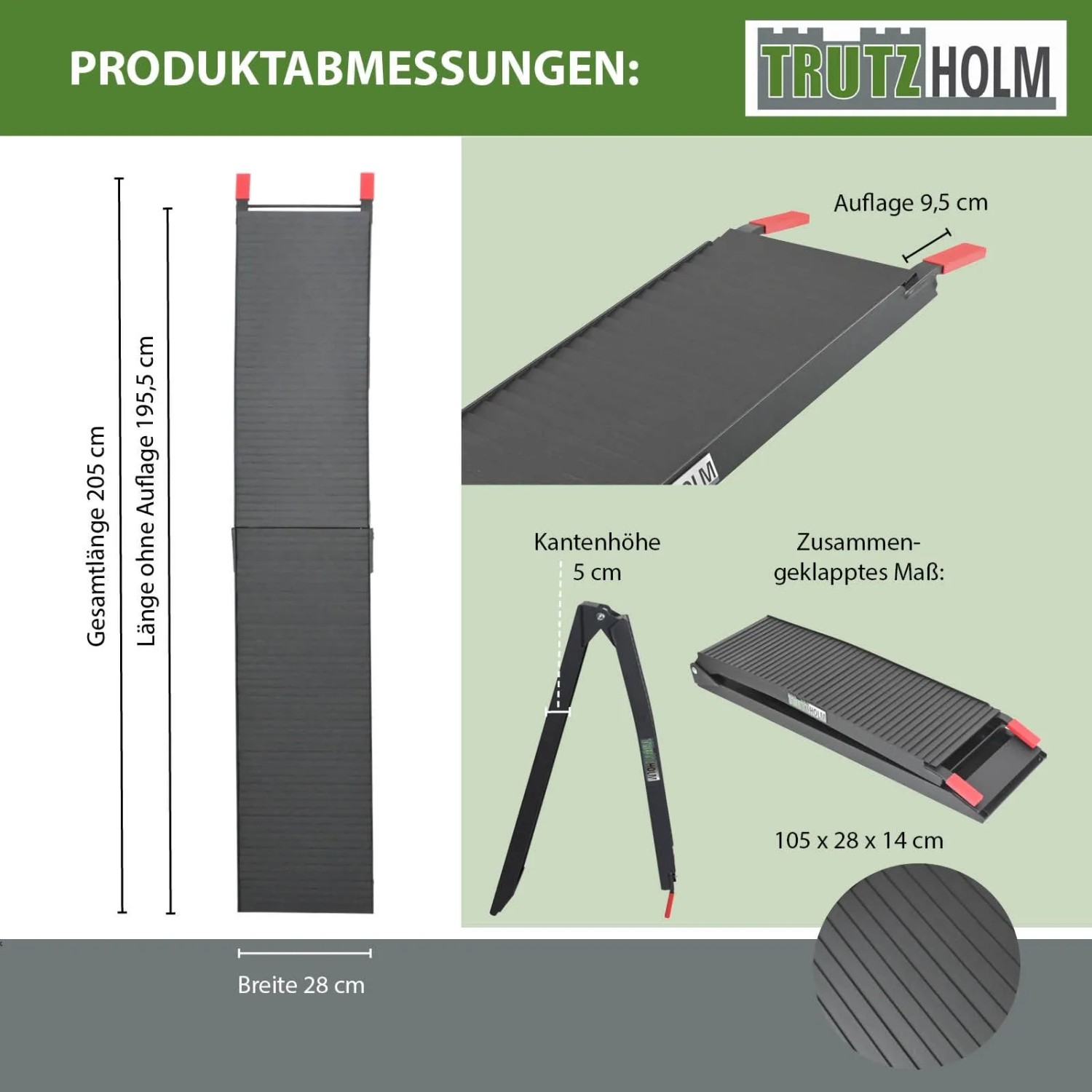 TRUTZHOLM Auffahrrampe, schwarz, 205 cm, klappbar. Maße, rutschfeste Oberfläche und gefalteter Zustand. Zubehör Autoanhänger.