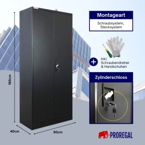 PROREGAL Flügeltürenschrank ELEPHANT Mit 2 Türen Abschließbar HxBxT 180x80x40cm 6 Fächern & Kleiderstange Stahl Pulverbeschichtet Schwarz Spind