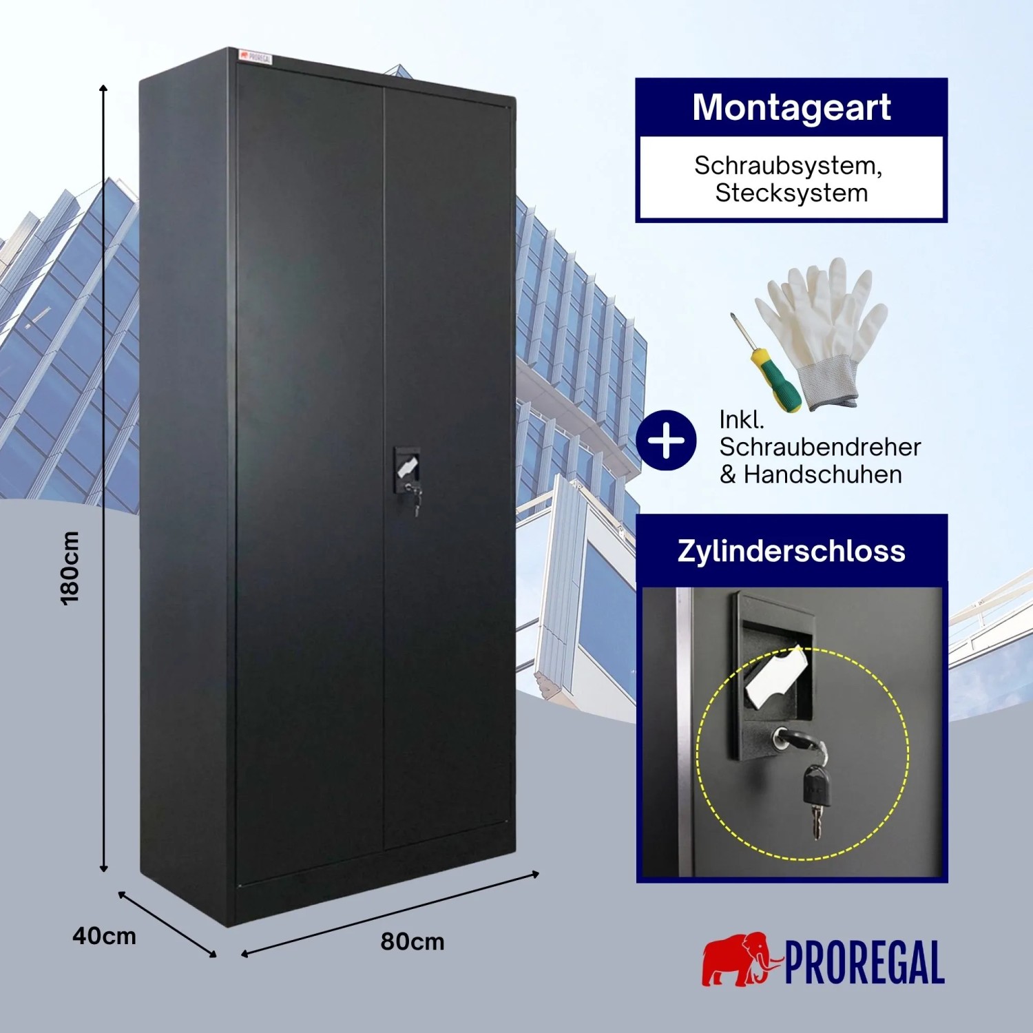 PROREGAL Flügeltürenschrank ELEPHANT Mit 2 Türen Abschließbar HxBxT 180x80x40cm 6 Fächern & Kleiderstange Stahl Pulverbeschichtet Schwarz Spind_3