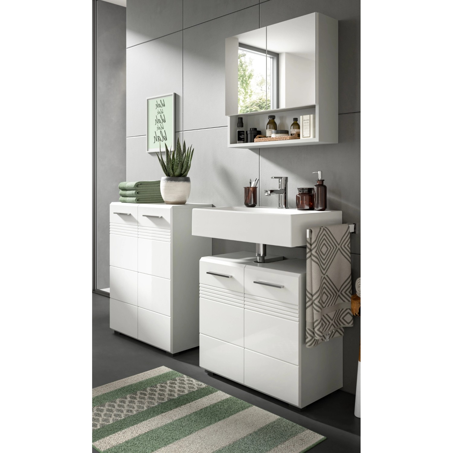 Inn.Furn Badmöbel-Set Weiß Hochglanz Grau 3-teilig 135 cm Soft-Close Carlo günstig online kaufen