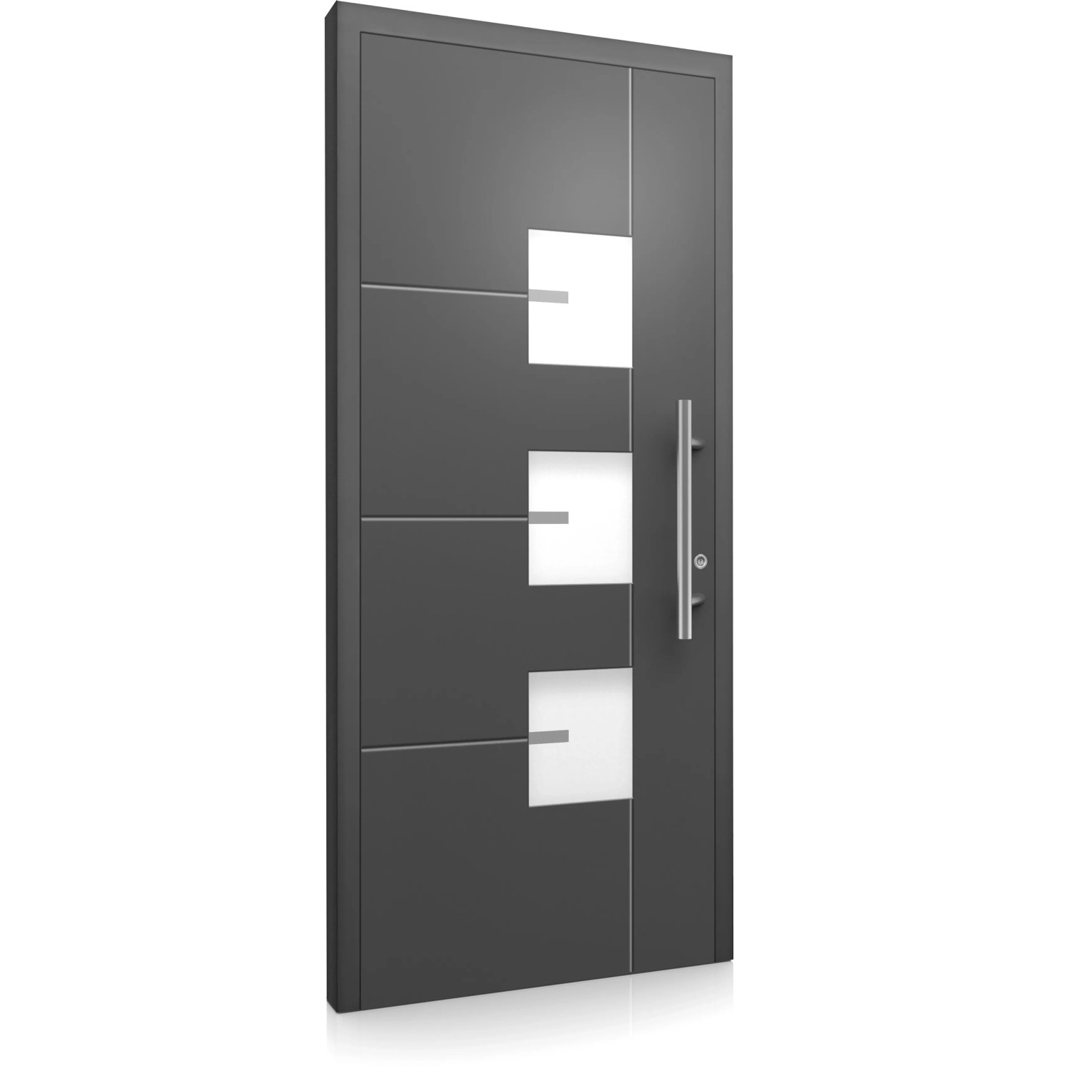 Moderne Aluminium Sicherheitshaustür Moderno RC3, anthrazit mit Edelstahlgriff und Glaselementen.