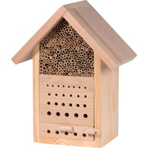 Kleines Insektenhotel aus Kiefernholz mit Nistblock und Beobachtungsschublade.
