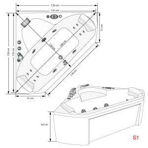 Skizze der AquaVapore Whirlpool Badewanne W02, 135x135cm, mit Maßangaben.