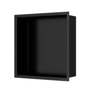 Quadratische Swiss Aqua Technologies Duschnische 30x30cm aus mattem schwarzem Edelstahl, zur Wandmontage.