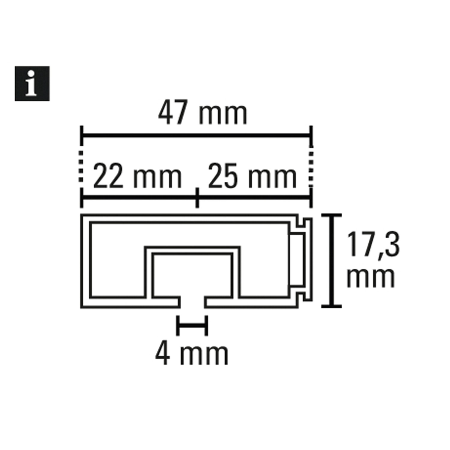 Querschnitt Gardinia Vorhangschiene GE1, 1-läufig, weiß, mit Maßangaben.