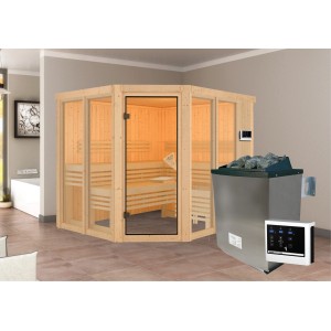 Karibu Sauna Airin 3 aus Holz mit Ofen und externer Steuerung, naturbelassen.