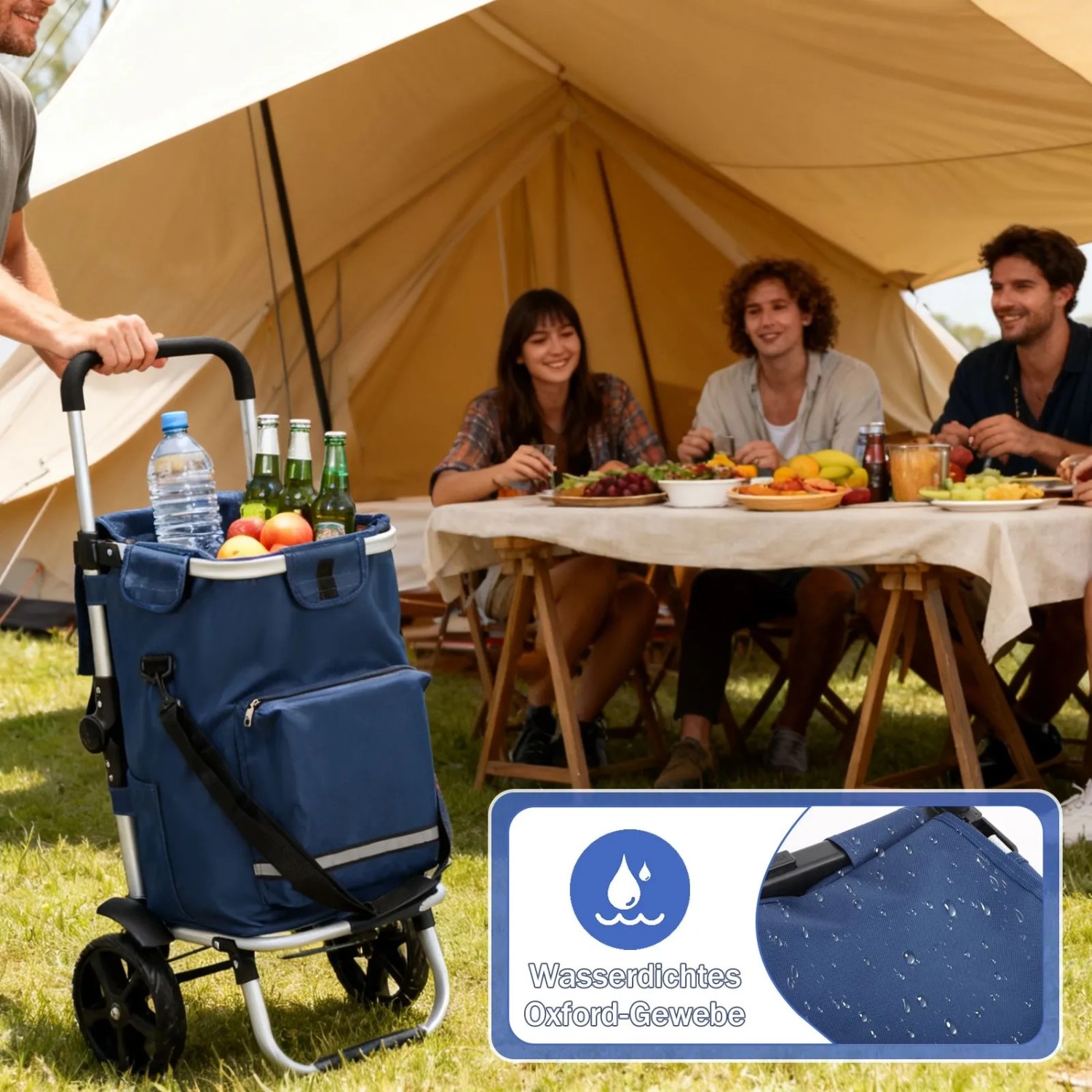 Blauer Sekey 3-in-1 Einkaufstrolley mit Kühlfach, gefüllt mit Getränken und Obst, beim Camping. Wasserdichtes Oxford-Gewebe.