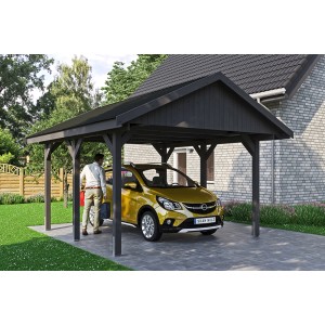 Satteldach-Carport Wallgau in Schiefergrau mit Auto und schwarzen Dachschindeln.
