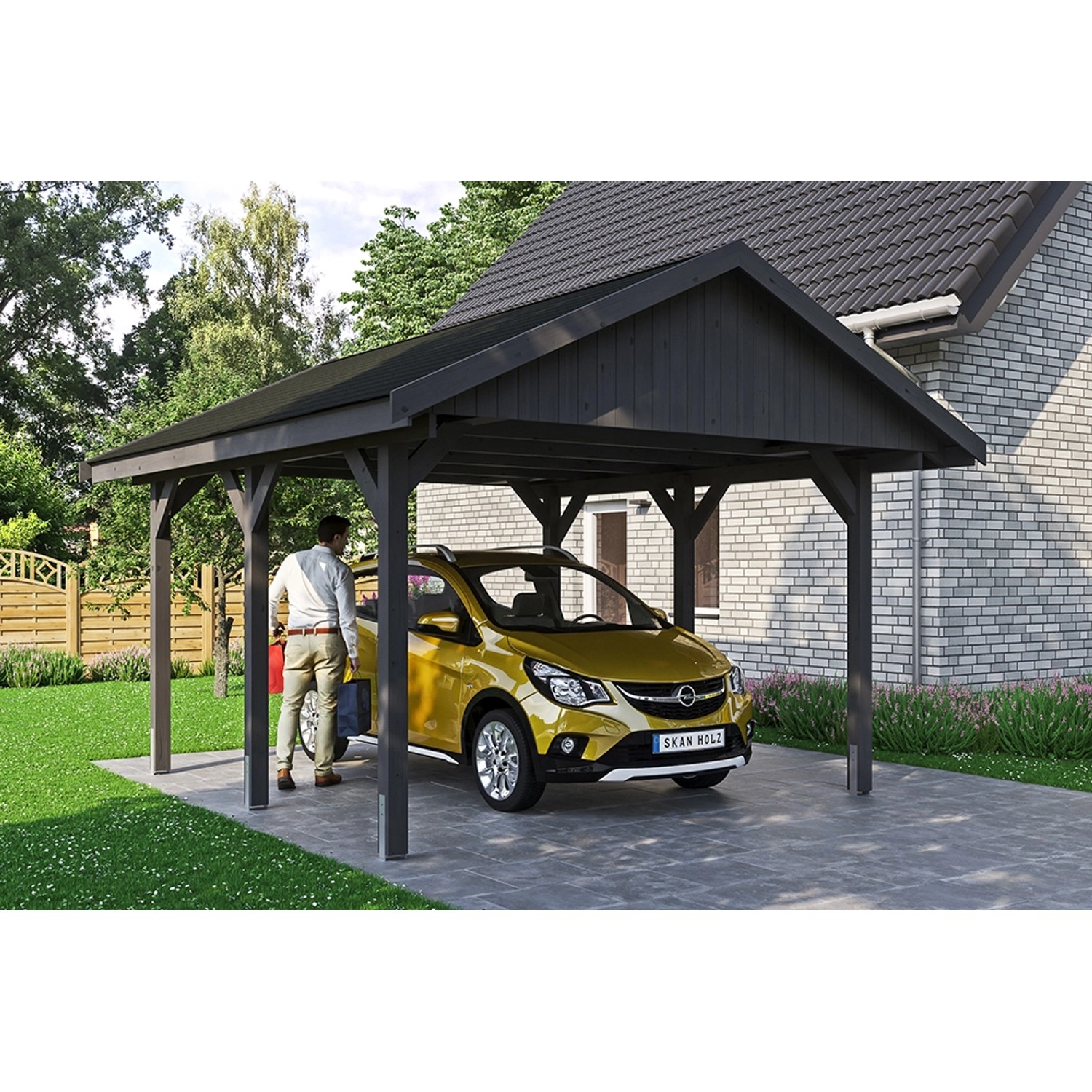 Satteldach-Carport Wallgau Schiefergrau 430 x 500 cm schwarze Schindeln