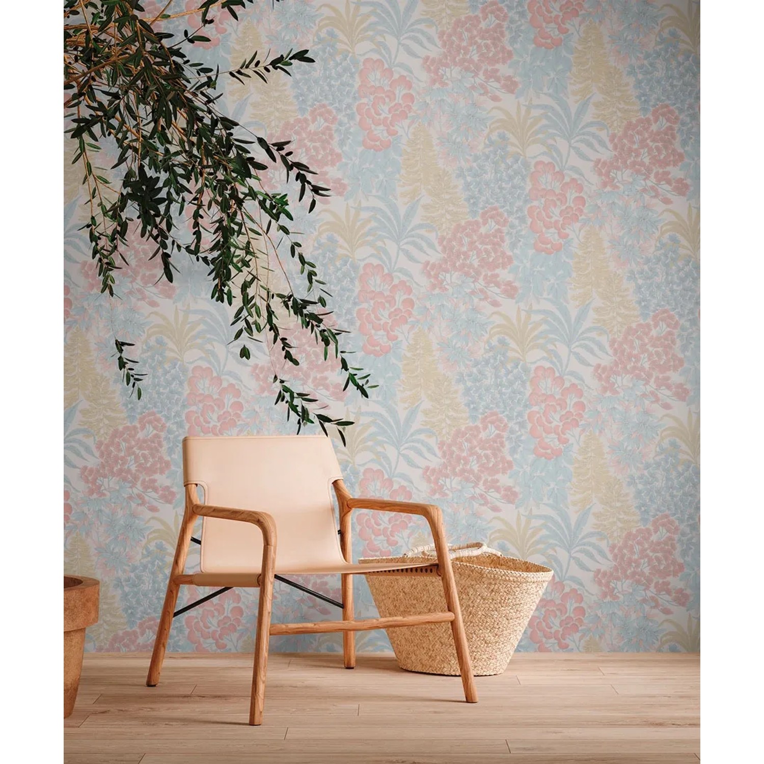 AS-Creation Vliestapete Floral in Weiß/Blau mit Blumenmuster und leichter Struktur.