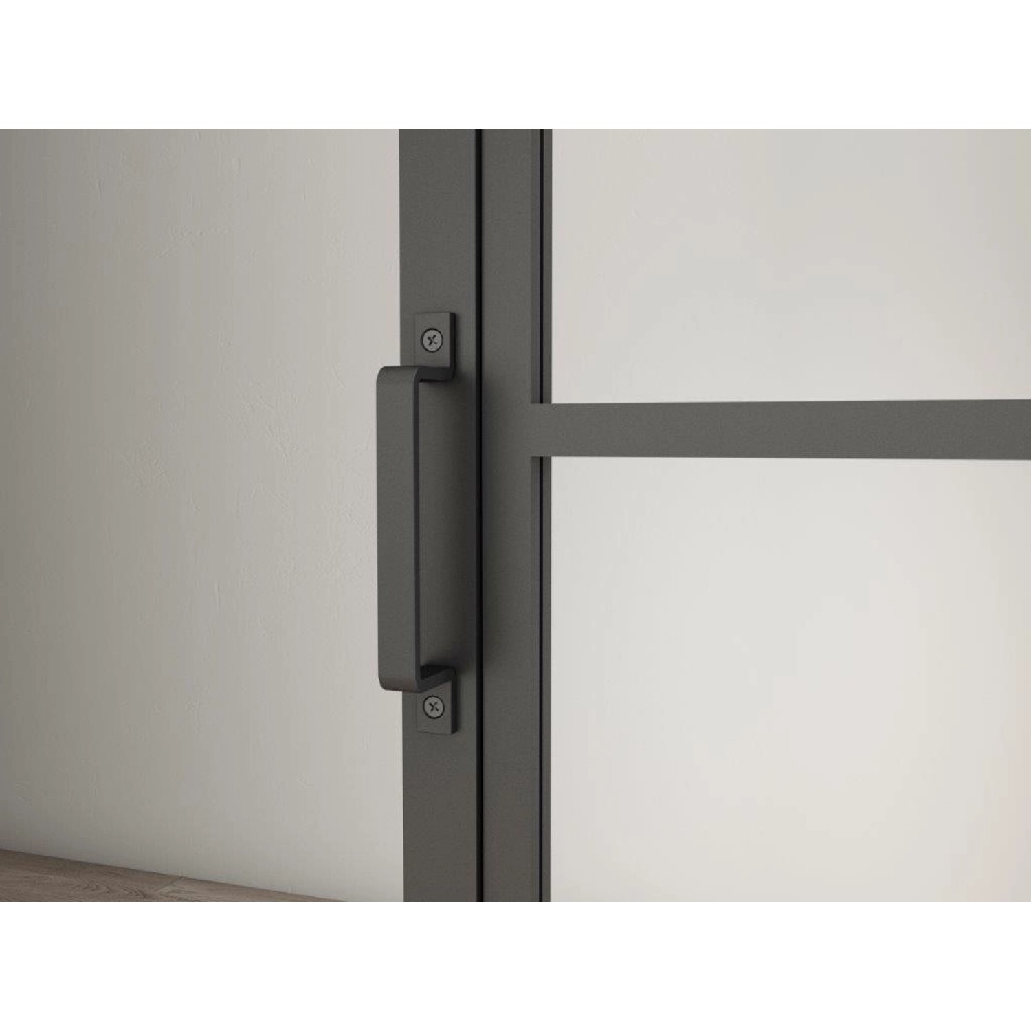 Detailaufnahme: Schwarze inova Loft Glasschiebetür mit Griff und 6 Feldern.