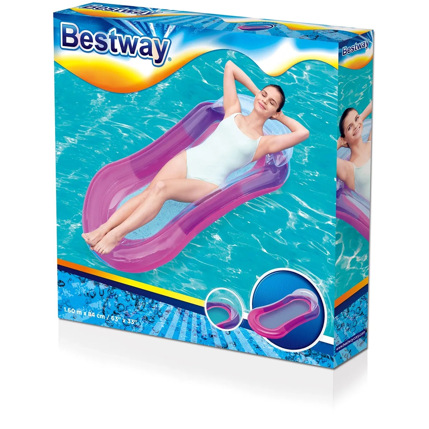 Verpackung der Bestway Aqua-Lounge Wasserhängematte, 153x74x28 cm, mit Frau in pink-lila Luftmatratze.
