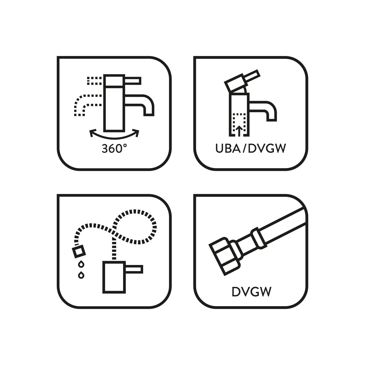 Icons der baliv Küchenarmatur KI-1330: 360° schwenkbar, UBA/DVGW-Zertifizierung, flexibler Schlauch, DVGW-Anschlussschlauch.