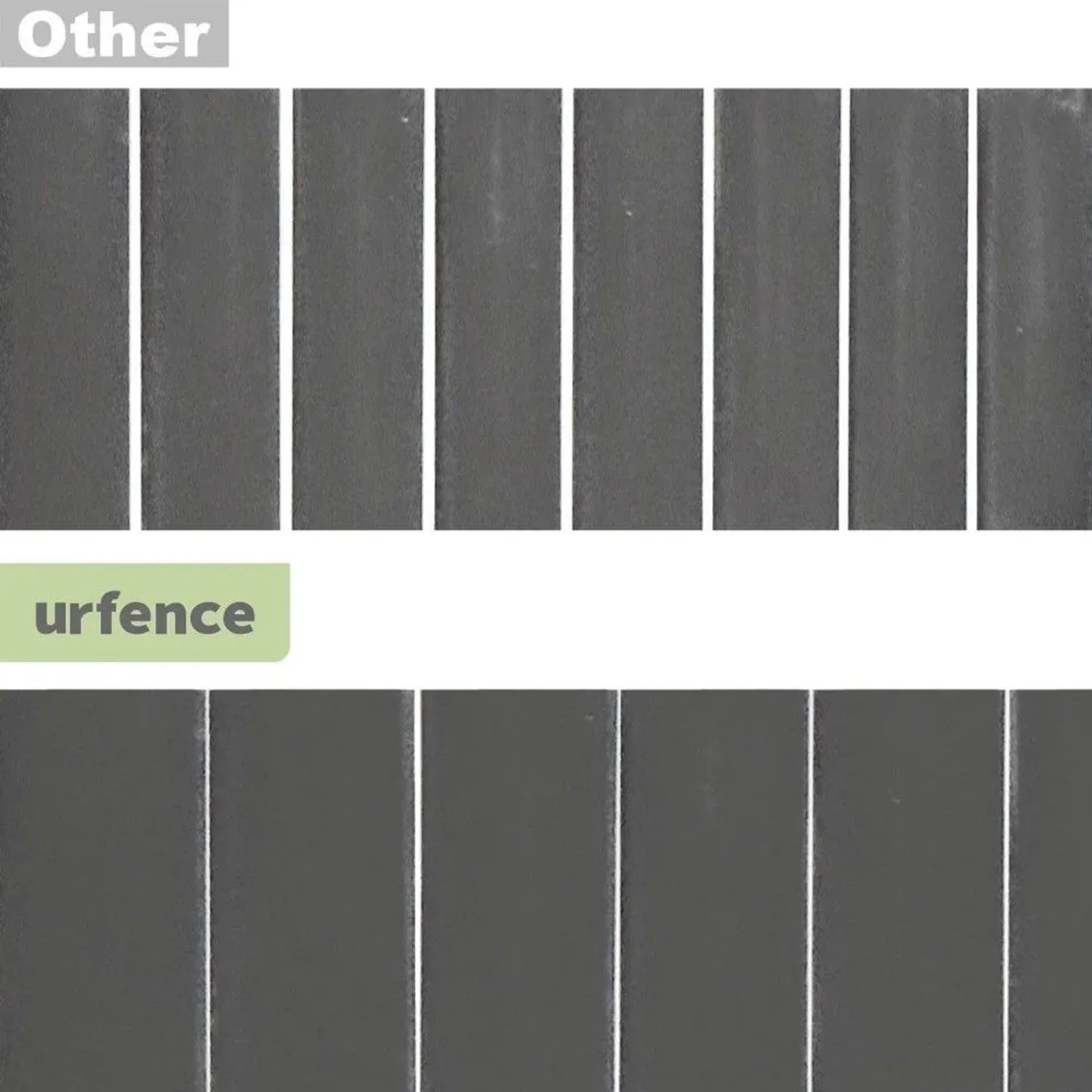 Vergleich: urfence PVC Sichtschutz (unten) mit dichten, grauen Stäben für mehr Privatsphäre als andere Modelle (oben).