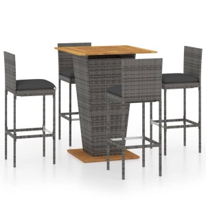 vidaXL Gartenbar-Set, 5-teilig, grau, mit Polyrattan-Bar und 4 Hockern mit Kissen.