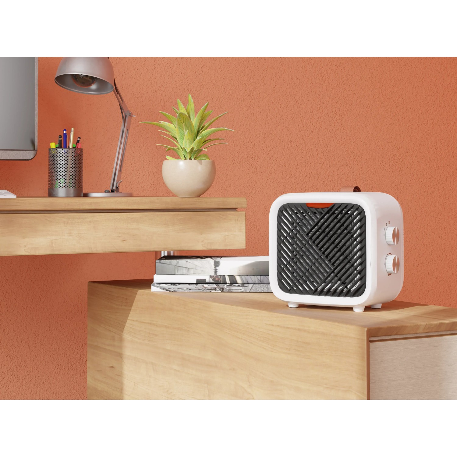Kompakter, weißer Keramikheizer Nevala 2in1 mit Ventilator auf einem Tisch.