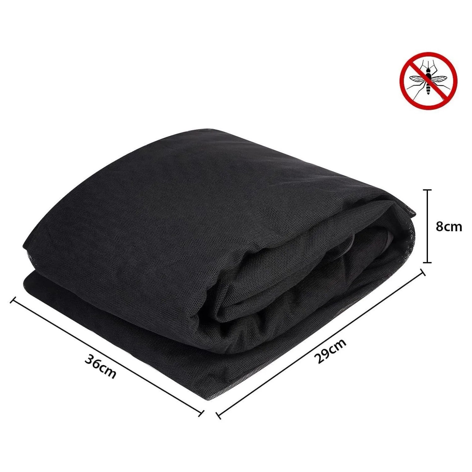 Schwarzes, gefaltetes Moskitonetz aus Polyester, 36x29x8cm, als Insektenschutz für Sonnenschirme und Pavillons.