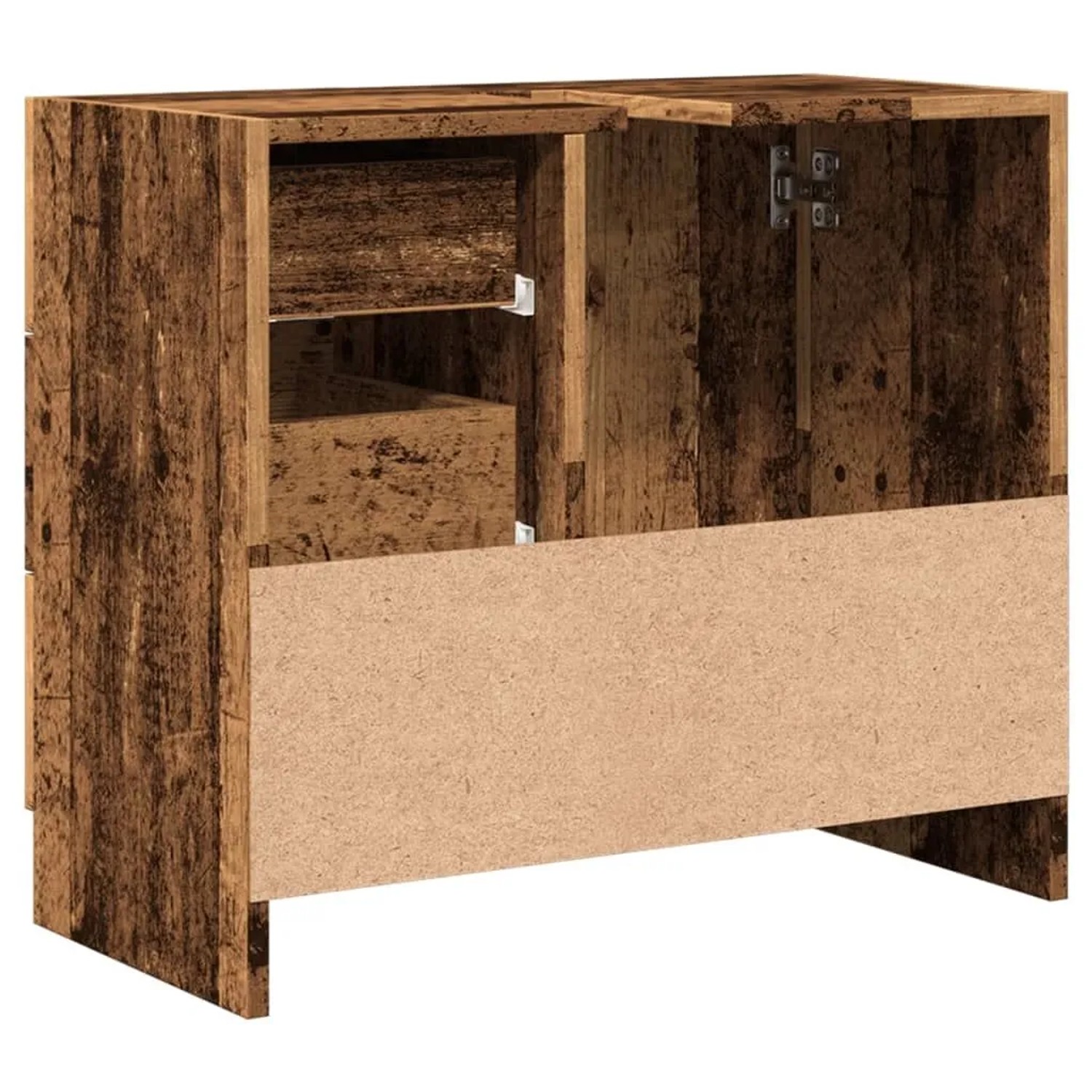 Waschbeckenunterschrank Altholz-Optik, Holzwerkstoff, Innenansicht mit Fächern und Türscharnier.