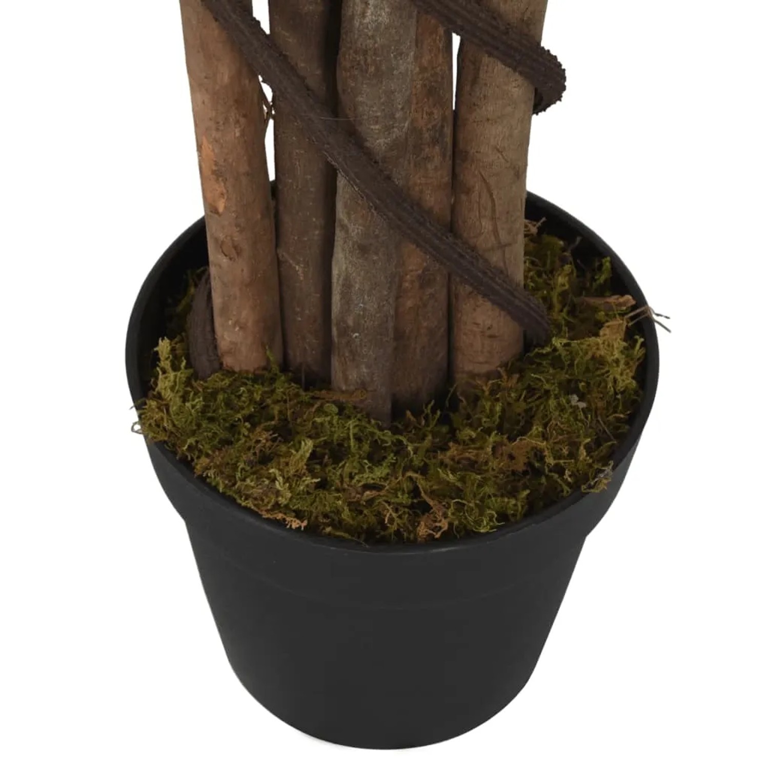 Detailaufnahme des künstlichen Feigenbaums (80cm) im Topf. Kunstpflanze mit grünen Blättern und Holzstämmen.