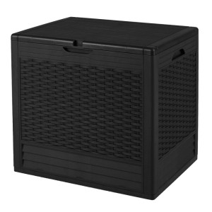 Schwarze Costway Gartenbox (96L) in Rattanoptik mit abschließbarem Deckel.