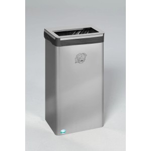 Robuster Edelstahl Papierkorb, silber, 70 Liter, mit abnehmbarem Deckel und Müllbeutel.