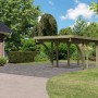 Karibu Einzelcarport Classic aus Holz, kesseldruckimprägniert, mit PVC Dachplatten im Garten.