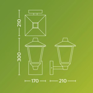 Technische Zeichnung der Philips Kinno LED-Außenwandleuchte mit Maßen.