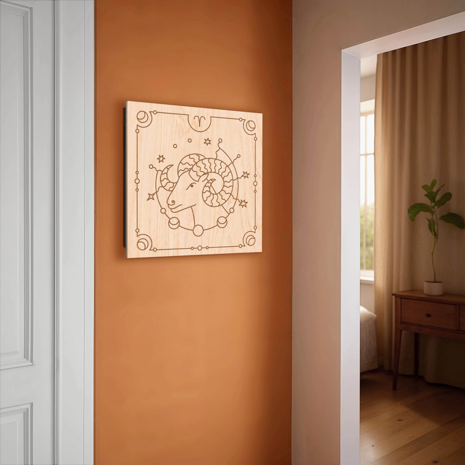 Schwarzer Schlüsselkasten aus Holz mit Widder Sternzeichen Motiv, 30x30cm, 50 Haken zur Schlüsselaufbewahrung.