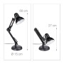 Schwarze Metall Schreibtischlampe mit schwenkbarem Gelenkarm, in zwei Höhen (60 cm, 27 cm) dargestellt. Flexible Bürolampe.