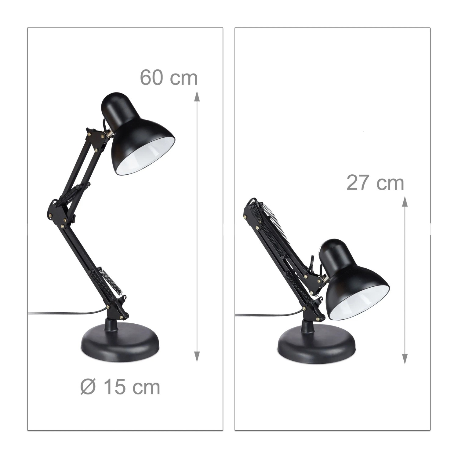 Schwarze Metall Schreibtischlampe mit schwenkbarem Gelenkarm, in zwei Höhen (60 cm, 27 cm) dargestellt. Flexible Bürolampe.