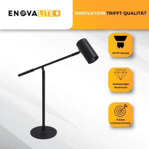 Schwarze ENOVALITE Tischleuchte mit Flexarm, verstellbare Schreibtischlampe aus Aluminium.