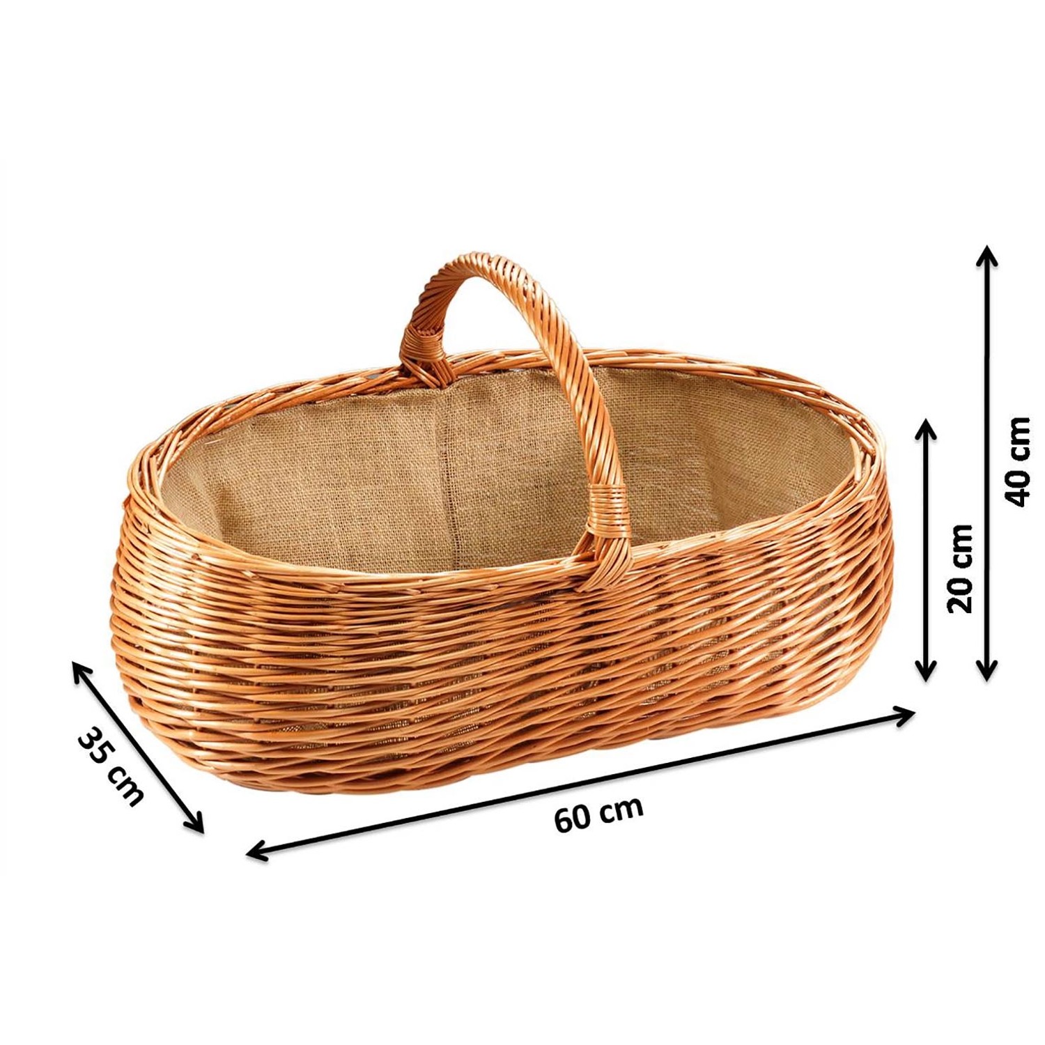 Ovaler Kaminholzkorb aus Weide mit Jutefutter und Tragegriff. Naturprodukt für Kaminholz oder als Deko-Korb.