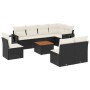Schwarze 9-tlg. vidaXL Garten-Sofagarnitur aus Poly Rattan mit cremefarbenen Kissen.