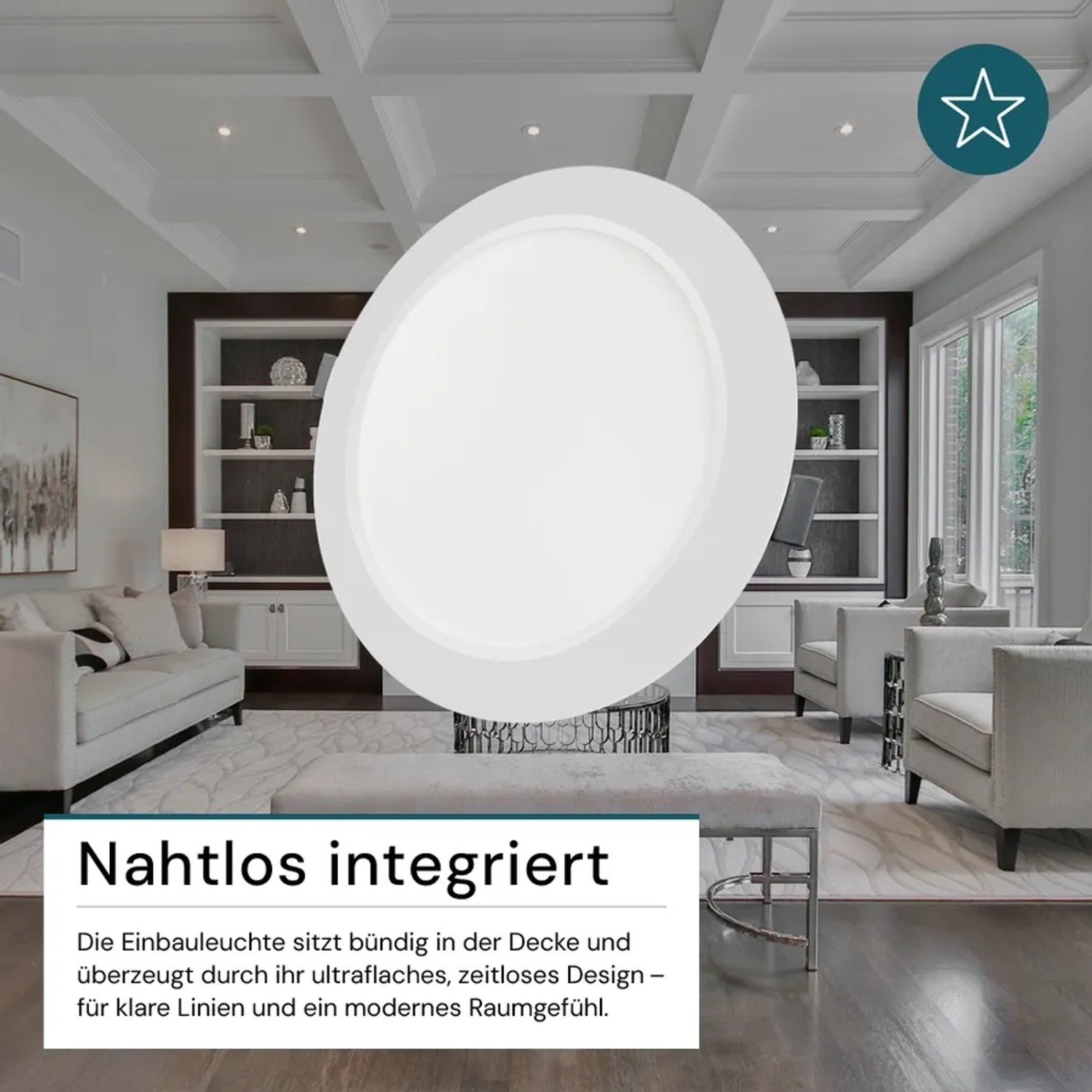 Runde, weiße LUXULA LED Einbauleuchte in Decke integriert. Deckenspot mit einstellbarer Lichtfarbe.