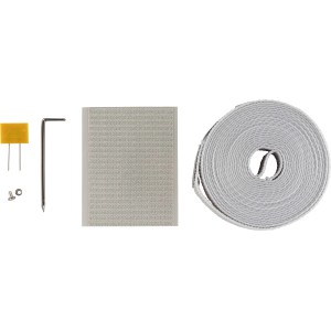 Schellenberg Gurtfix Maxi Reparaturset 23 mm Grau mit Rollladengurt, Werkzeug und Klebestreifen.