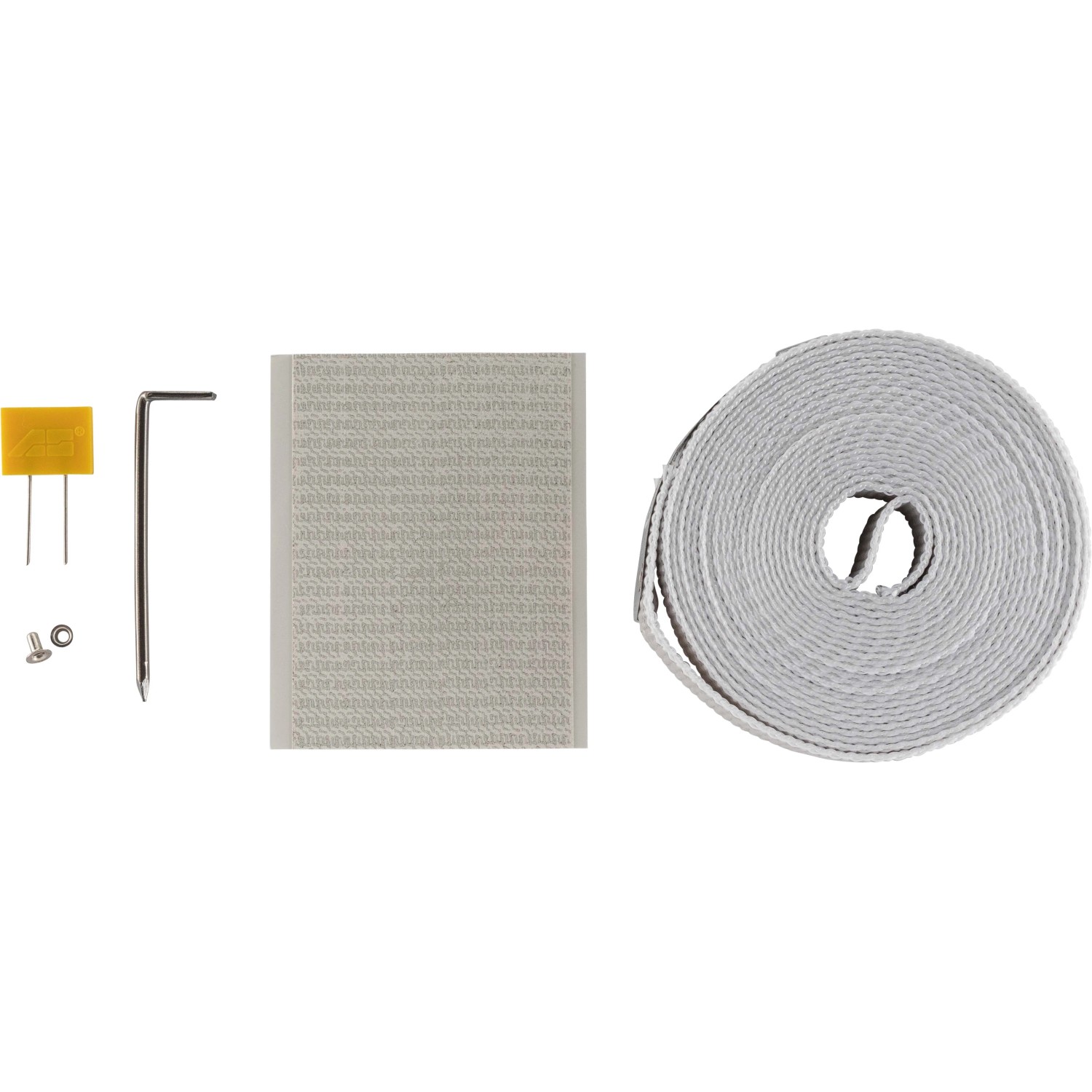 Schellenberg Gurtfix Maxi Reparaturset 23 mm Grau mit Rollladengurt, Werkzeug und Klebestreifen.