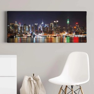 Leinwandbild Skyline New York bei Nacht, modernes Wandbild für Wohn- und Schlafzimmer.