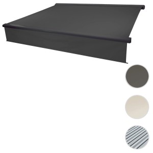 Anthrazitfarbene MCW Kassettenmarkise 4x3m mit Volant, ausfahrbar. Markise für Terrasse und Balkon.