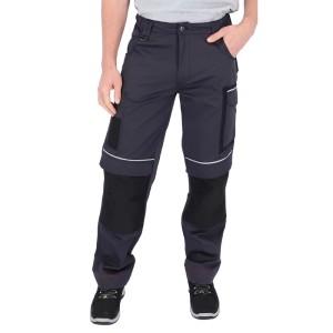 Eliworx Bundhose Workwear in Grau mit schwarzen Kniepolstern, Reflexstreifen und Stifttasche.