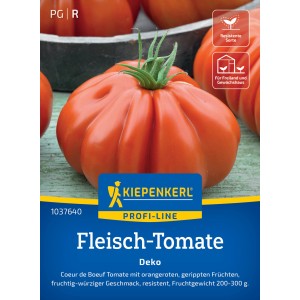 Kiepenkerl Fleisch-Tomate Deko F1-Hybride, orange-rote, gerippte Tomate auf der Samenpackung.