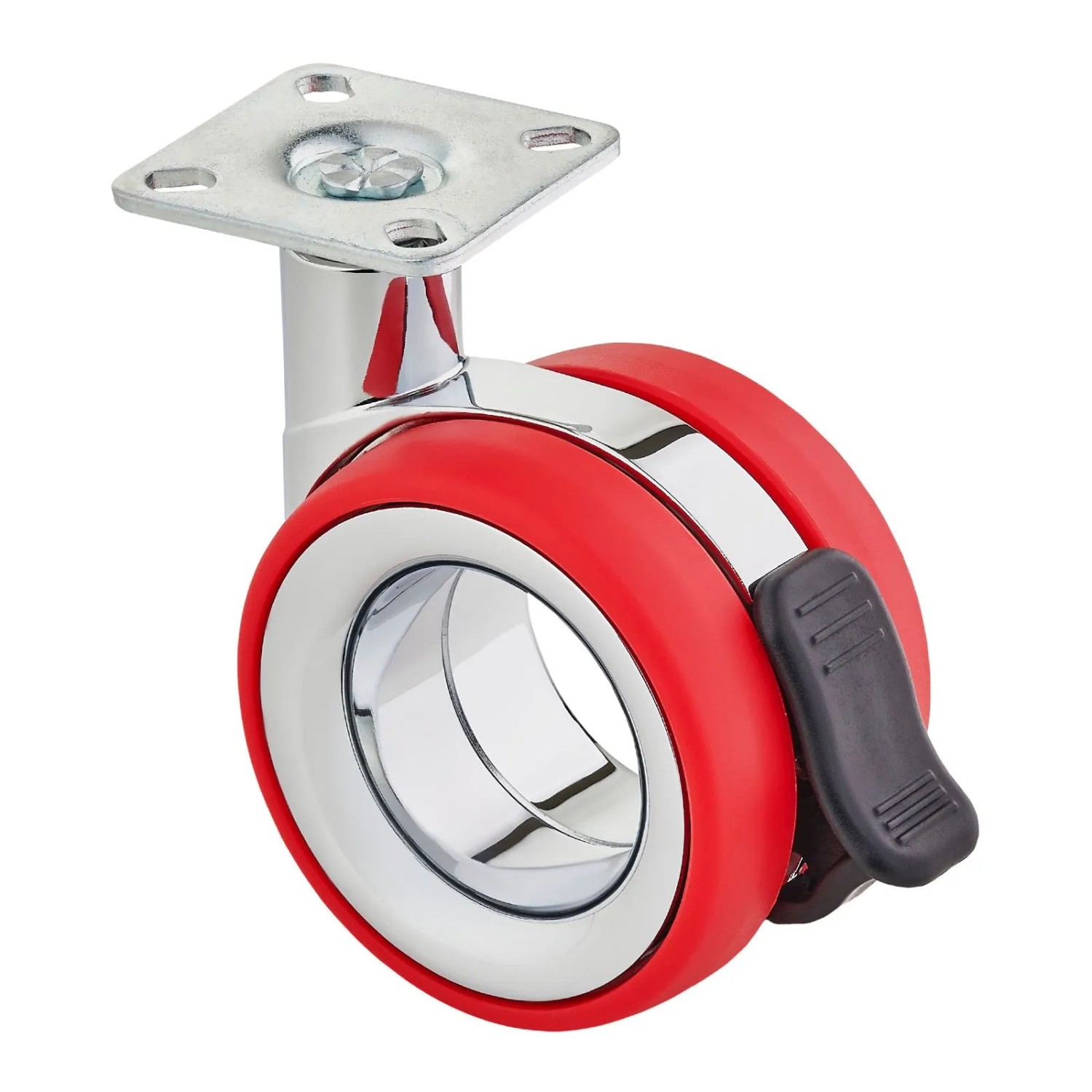 SOTECH Premium Möbelrolle DÜSSELDORF Ø75 mm Höhe 98,5 mm Chrom Rot mit Bremse Anschraubplatte 47 x 47 mm